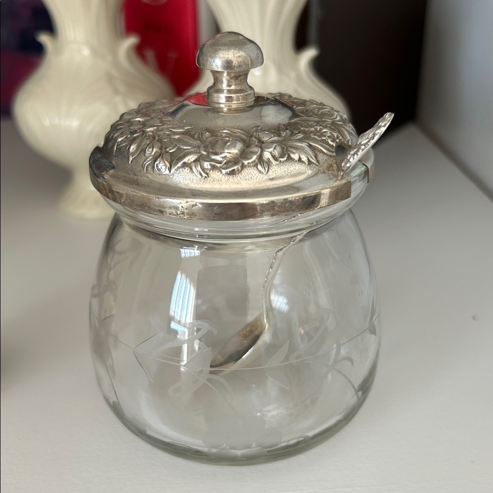S. Kirk & Son vintage jelly server with spoon Repousse Sterling silver pattern